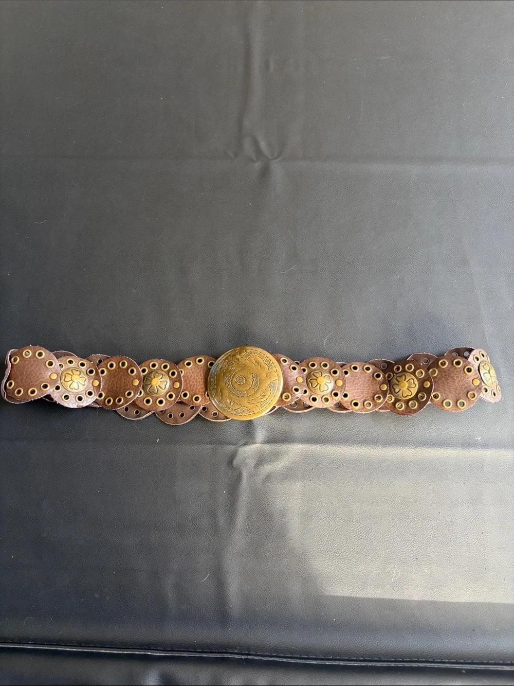 Brown Faux Leather Concho Disc Belt Brass Western Boho Statement